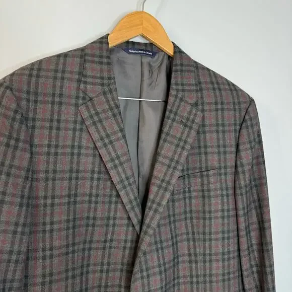 Coppley Esquire Mens Grey Plaid Multi Two Button Wool Blazer Jacket Classic 44T
